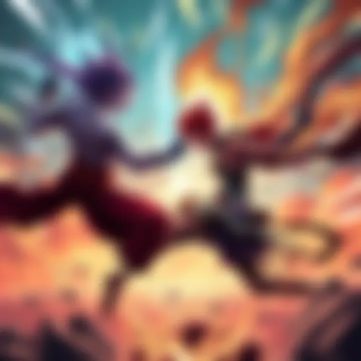 An intense showdown between Gojo and Sukuna, showcasing their powerful abilities and the tension of the fight, highlighted by glowing energy and dynamic poses.