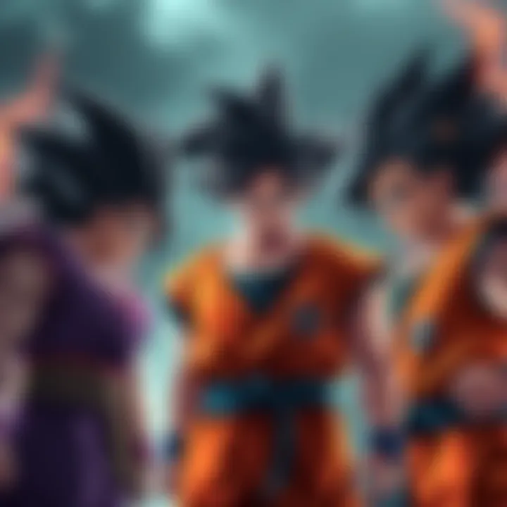 Goku facing three challengers Goku stands ready to fight three powerful opponents, showcasing tension and diverse strengths in a dramatic showdown.