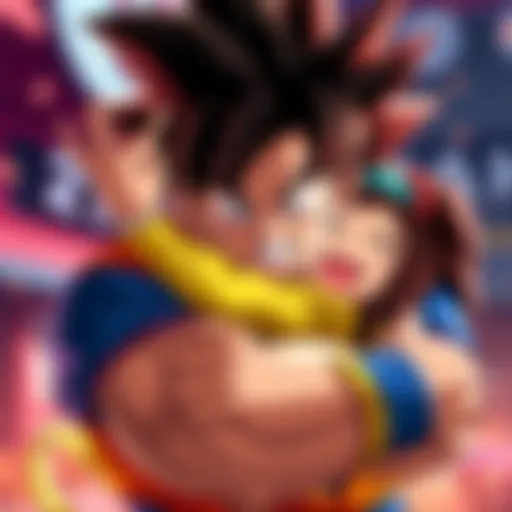 Goku with a playful expression as Chi-Chi hugs him tightly after his victory.
