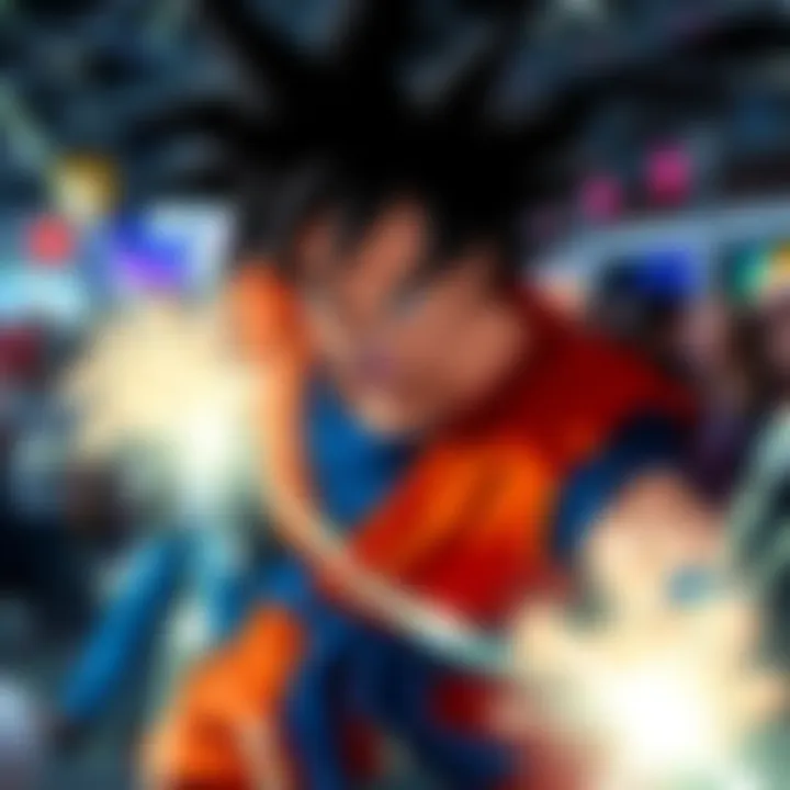 Goku, the main character from Dragon Ball, powering up with an intense expression and glowing aura, surrounded by fans at a comic convention.