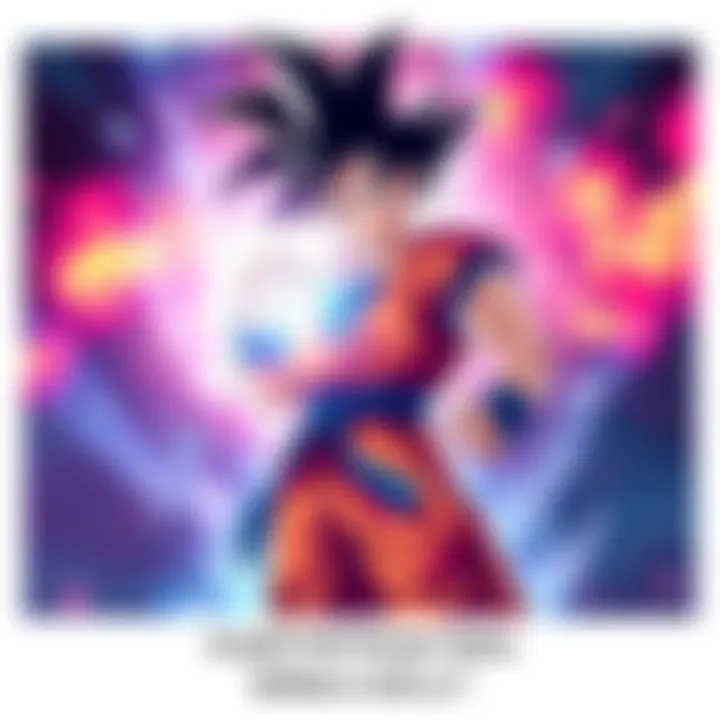 Full Power Goku stands confidently in a fighting stance, surrounded by a bright energy aura, facing a small but fierce Cell Jr.