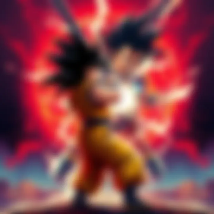 Goku in a fighting stance facing off against a large, menacing Demon King Piccolo with an intense background