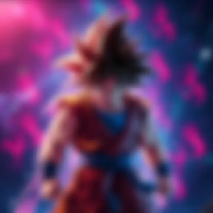 Goku in Battle Pose Goku, a powerful anime character with spiky hair and a determined expression, stands in a battle stance, showcasing his strength against a vibrant cosmic background.