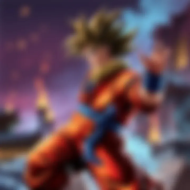 Goku in Battle Pose Goku showcasing his fighting stance in a dramatic scene, reflecting his heroic nature and powerful aura.