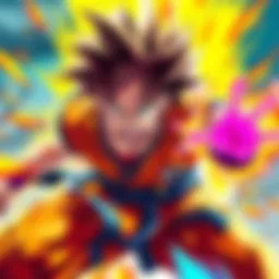 Goku charging his energy in a vibrant fight, showcasing his signature look with orange gi and spiky hair, surrounded by colorful energy blasts.