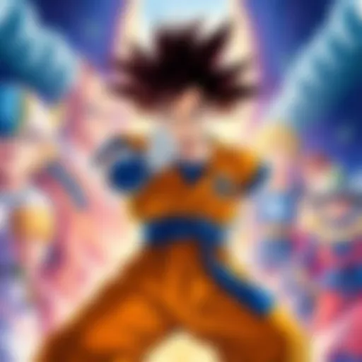 Goku poses ready for battle, surrounded by various fictional characters watching him