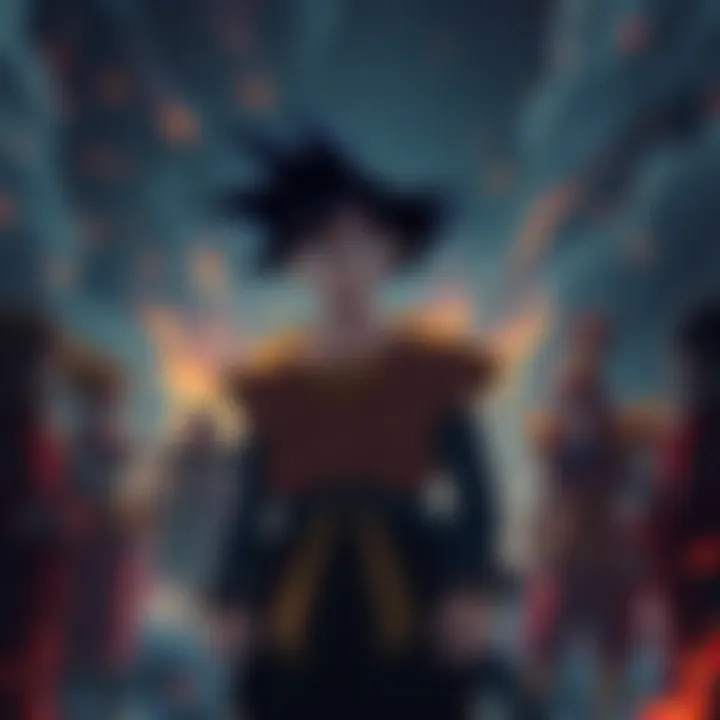Goku standing in a dark landscape, surrounded by Gambino and his crew, looking determined