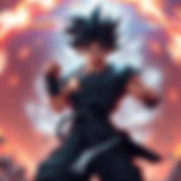 Goku Black stands in combat stance, showcasing his dark attire and menacing aura, surrounded by dramatic energy effects.