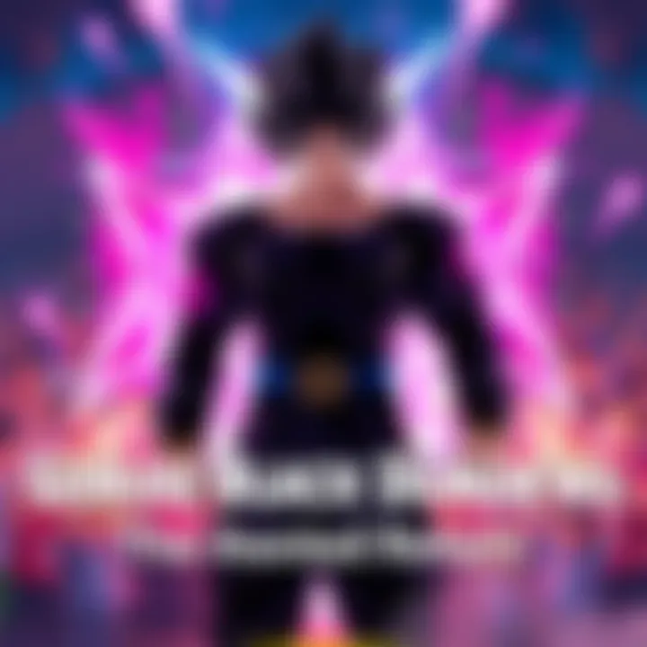 Goku Black stands confidently with a fierce expression, surrounded by a glowing energy aura, indicating his power. Fans gather excitedly in the background, showing their enthusiasm for his comeback.