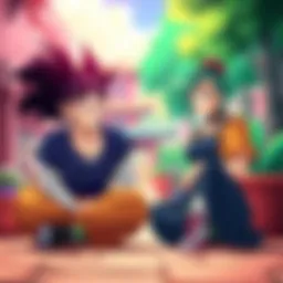 Goku and Bulma meet in a colorful setting, showing their friendship growing over the years in the Dragon Ball series.
