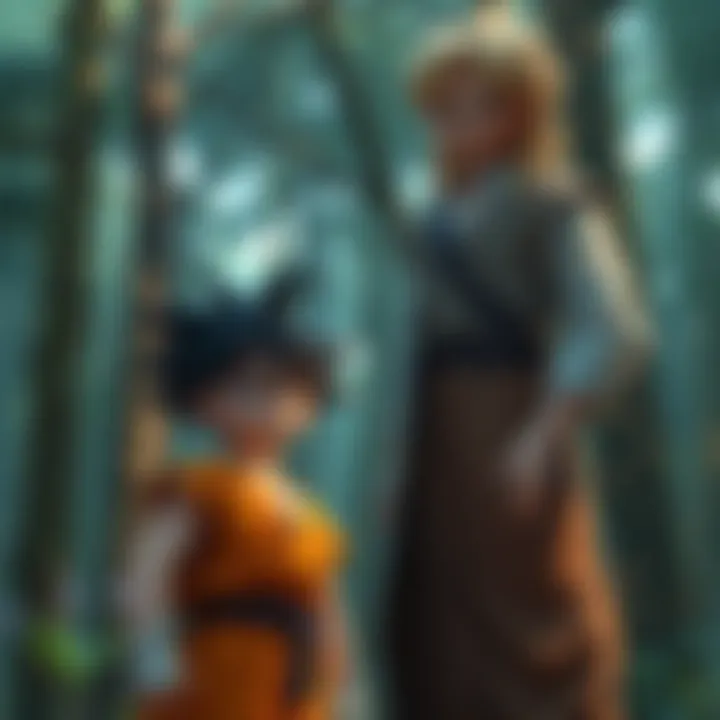 A young Goku stands next to a tall, mysterious blond character in a forest setting