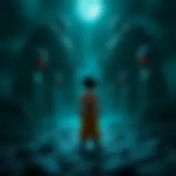 Goku in a dark landscape Goku stands in a shadowy environment, facing ominous figures representing his fears.