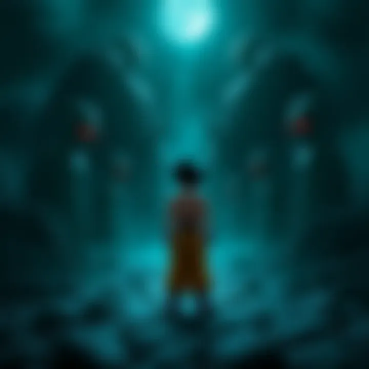 Goku in a dark landscape Goku stands in a shadowy environment, facing ominous figures representing his fears.