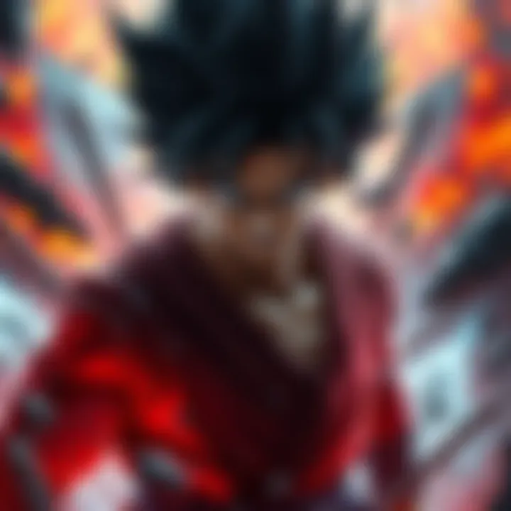 Goku with a fierce expression surrounded by destruction, showing the impact of his dark choices.