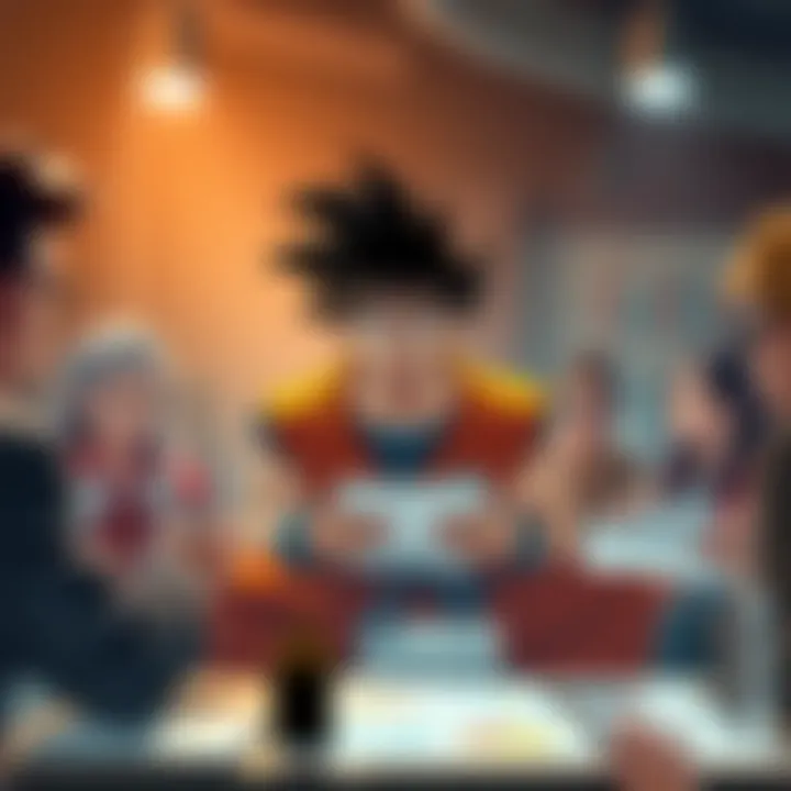 Goku surrounded by people discussing his power levels with charts and notes