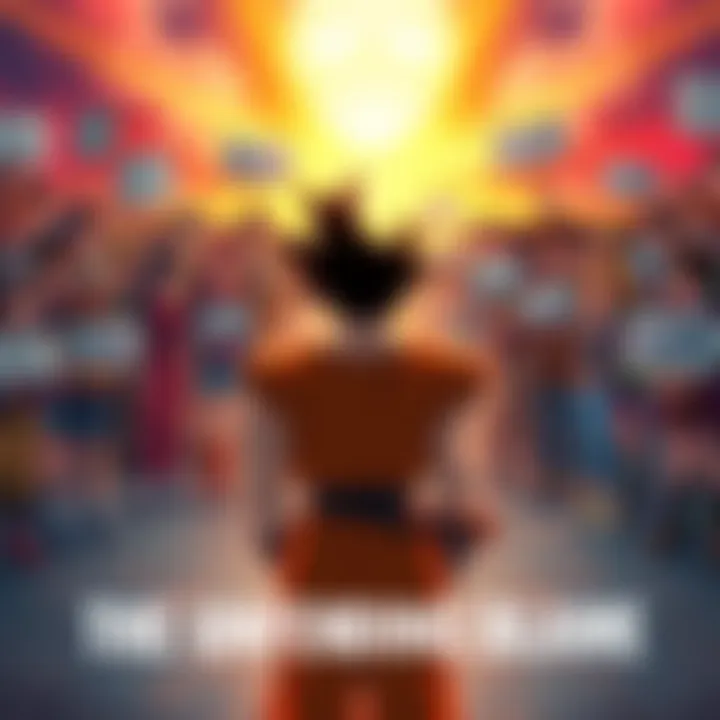 Goku stands in front of a group of fans, who express mixed emotions about him, reflecting on past events while holding signs with messages of blame.