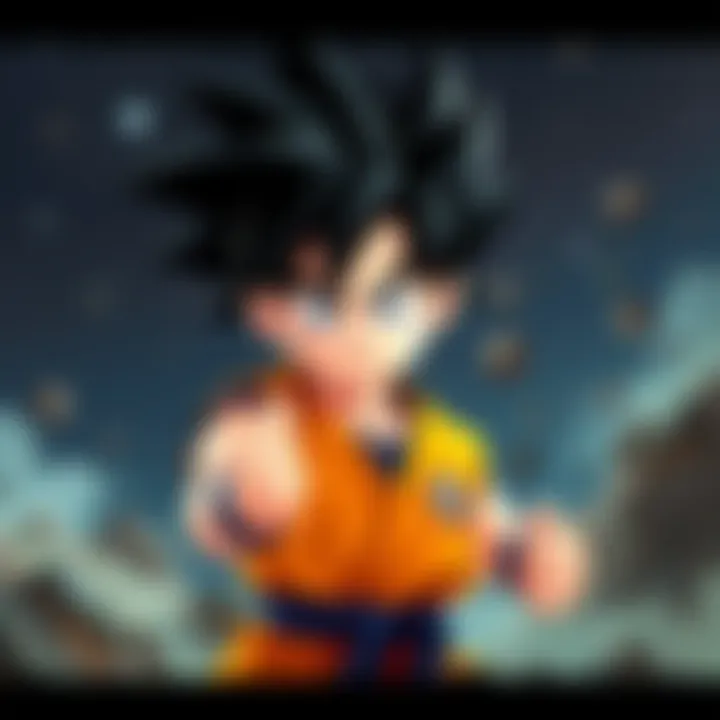 Goku in a fighting stance Goku, a cartoon character with spiky black hair, stands in a ready fighting position, looking serious but a bit confused, showcasing his unique blend of combat skill and social cluelessness.