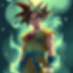 Goku standing proudly with tears in his eyes, surrounded by glowing energy, symbolizing his journey and friendship.