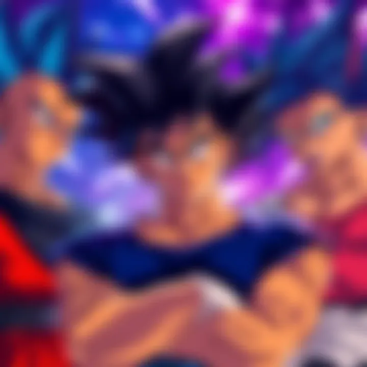 Goku thinking about fusion strategies while looking at different characters like Mr. Satan and Buu