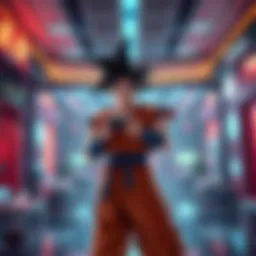 Goku stands confidently with a gaming controller, surrounded by video game elements in a lobby setting