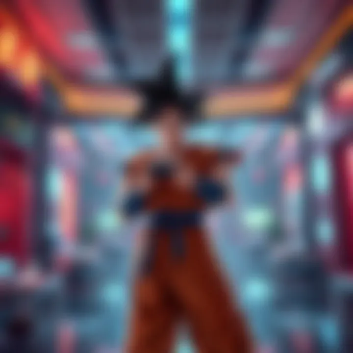 Goku ready to clear a gaming lobby Goku stands confidently with a gaming controller, surrounded by video game elements in a lobby setting