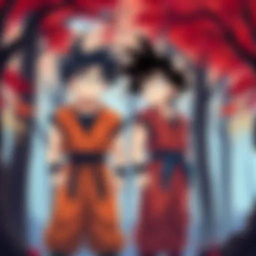 Goku and Gohan standing together in a forest, showing their contrasting expressions representing their childhood traumas.