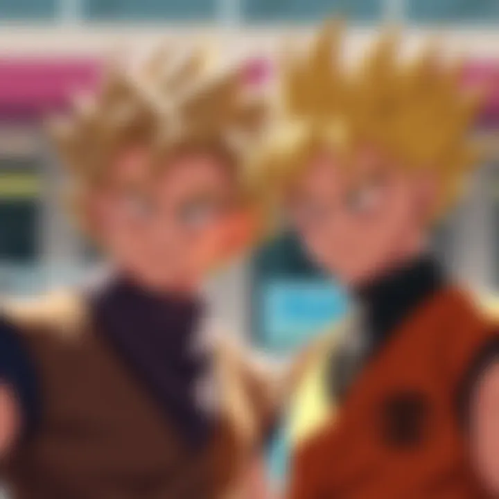 Goku and Gohan show off their styles without wearing turtlenecks, comparing their looks in a vibrant setting.