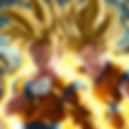 Goku and Gohan transformed into Super Saiyan, showcasing their iconic golden hair and fierce expressions during a battle scene