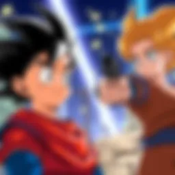 Goku Meets Bulma Goku, a young boy with spiky hair, looks surprised as Bulma points a gun at him during their first meeting.