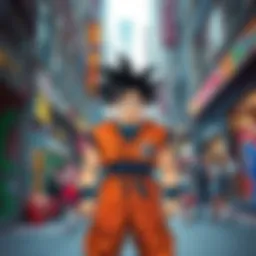 Goku stands puzzled on a city street in O Block, surrounded by surprised locals and colorful graffiti.
