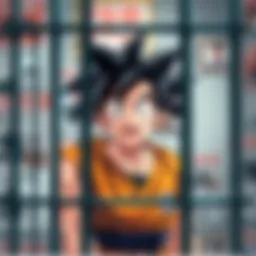 Goku surrounded by funny posters and exaggerated prison bars, looking puzzled and amused