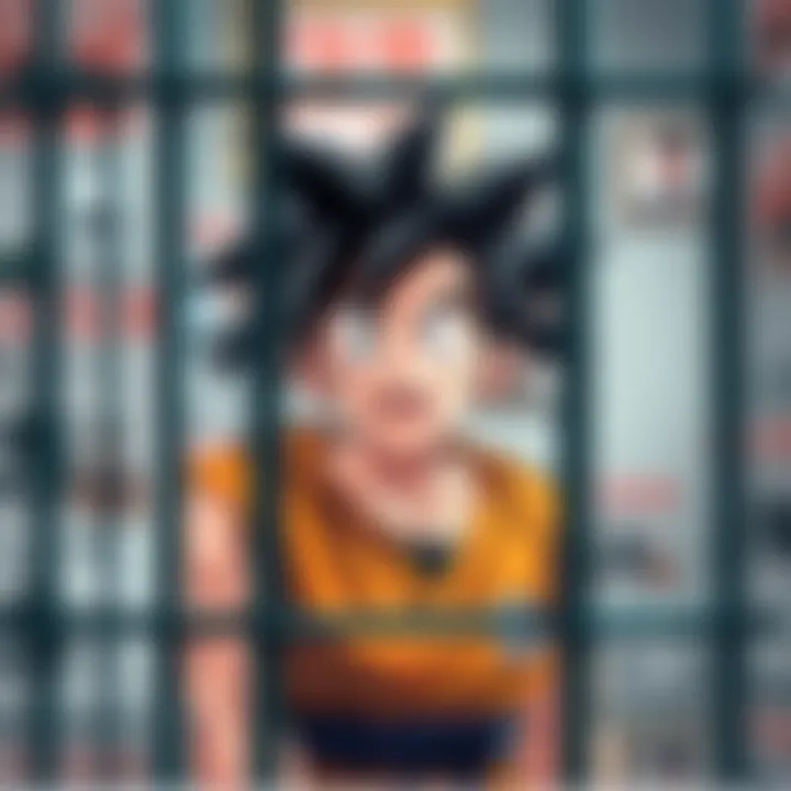 Goku surrounded by funny posters and exaggerated prison bars, looking puzzled and amused
