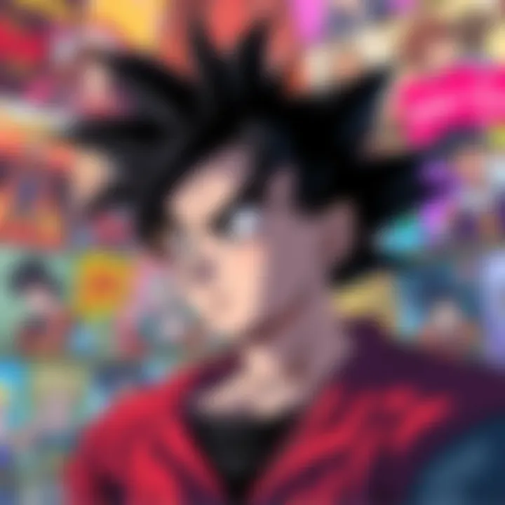 Goku looking sad and thoughtful, reflecting on his struggles, surrounded by a colorful backdrop of fan art and discussions.