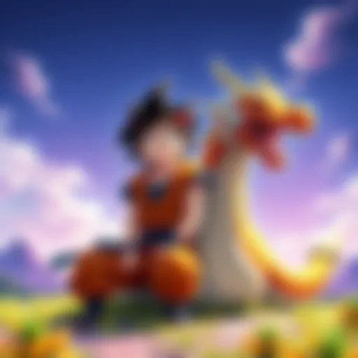 Goku joyfully sitting next to Shenron in a colorful landscape, smiling and sharing a moment together