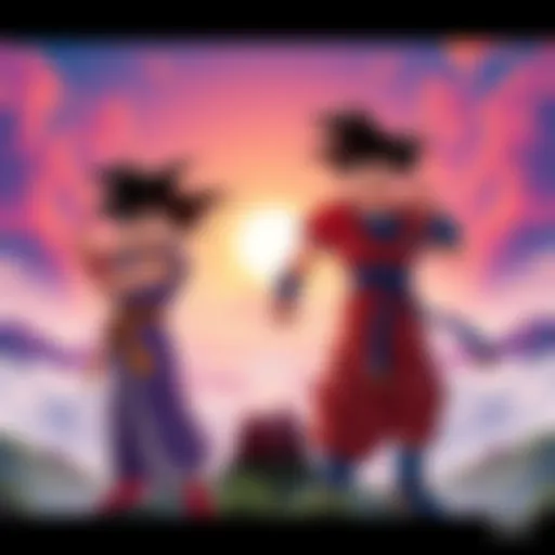 Goku stands next to his sister, both in martial arts poses, surrounded by a vibrant landscape of mountains and clouds, showcasing their fighting spirit.