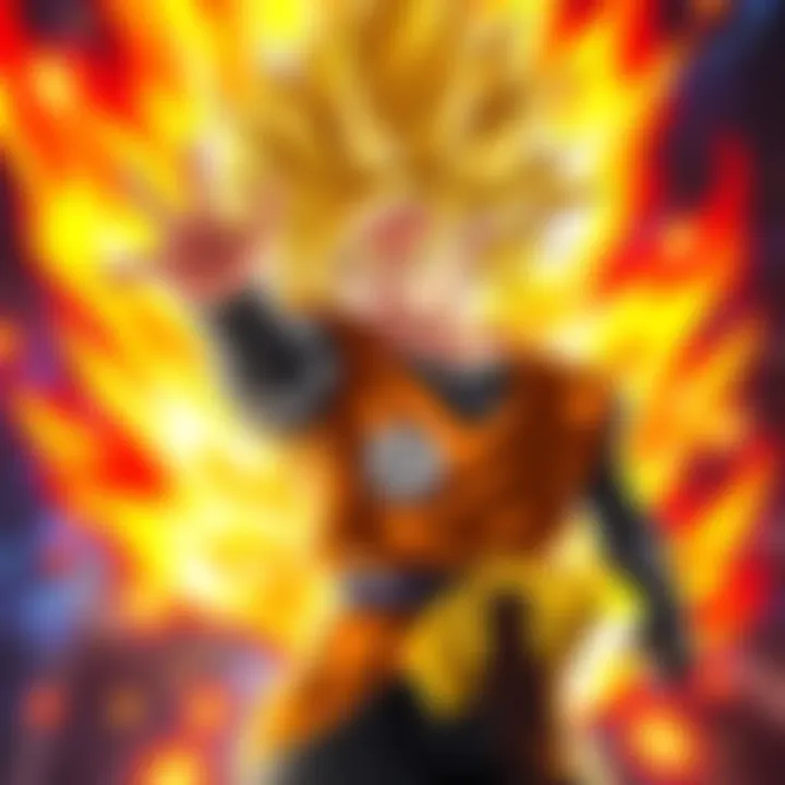 Goku showcases his SSJ4 transformation, displaying a powerful pose with a fiery aura, ready for battle.