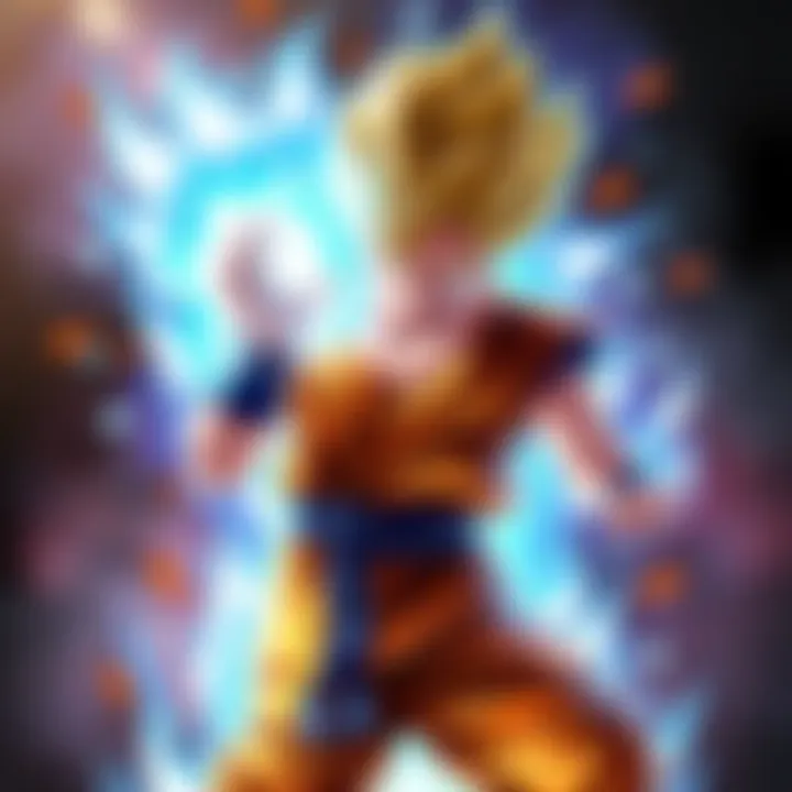 Goku in a fierce pose with golden hair, surrounded by an aura of energy during his Super Saiyan transformation