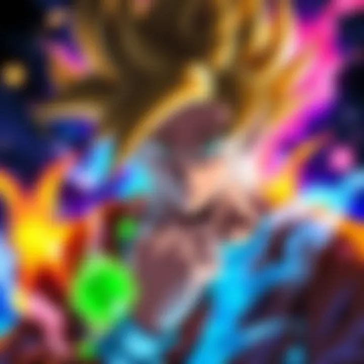 Goku looking contemplative with a serious expression, surrounded by vibrant colors representing his powers.