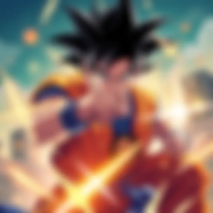 Goku shows his determination and spirit while training, with bright energy surrounding him.