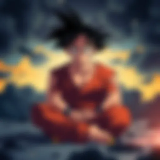 Goku sitting alone with a serious expression, surrounded by dark clouds, symbolizing inner turmoil