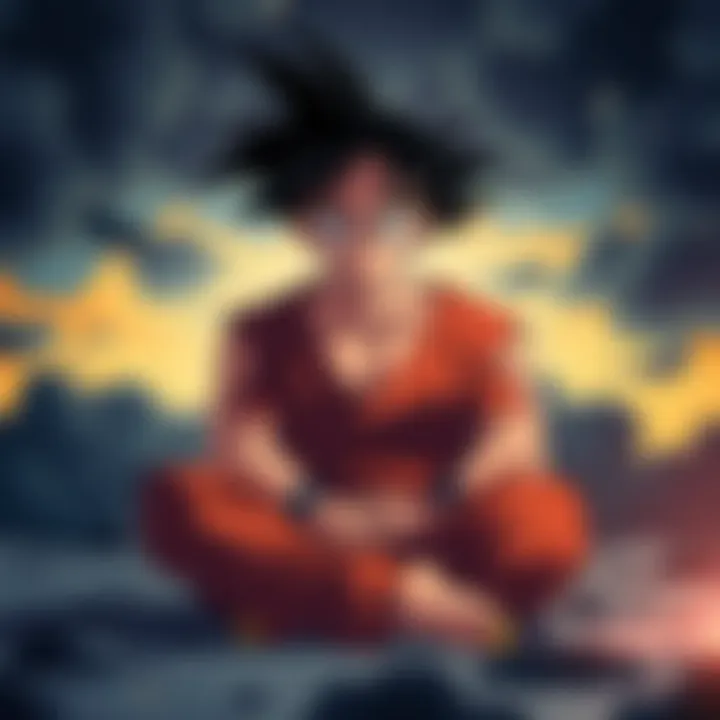 Goku sitting alone with a serious expression, surrounded by dark clouds, symbolizing inner turmoil