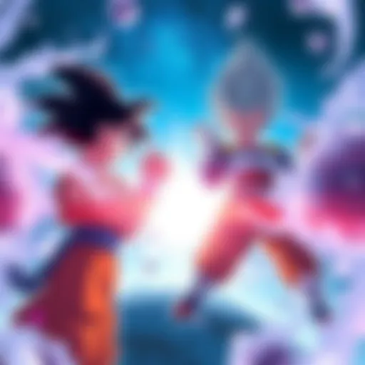 Goku and Vegeta training intensely with Whis in a cosmic environment, showcasing their growth and power