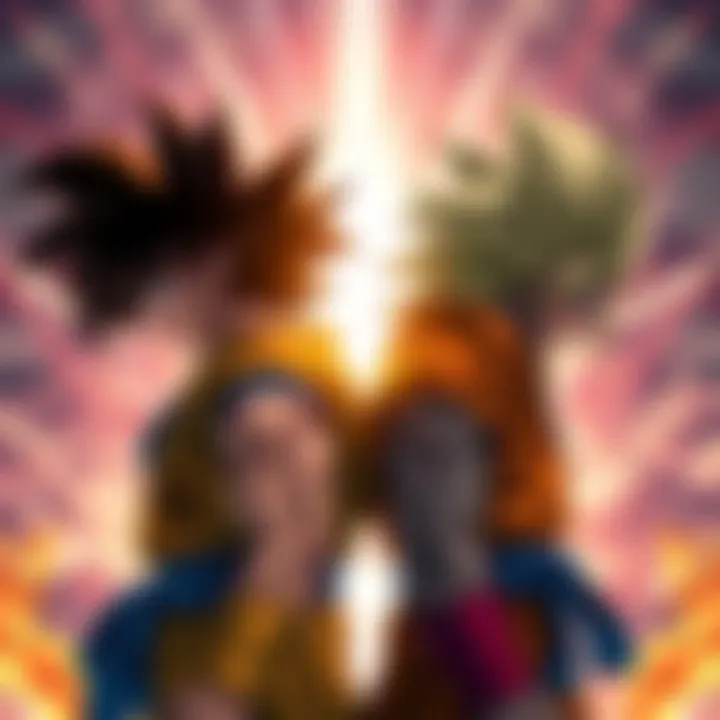 Goku and Giorno Face Off Goku and Giorno standing back to back, ready for battle, with an intense background depicting energy blasts and dramatic clouds