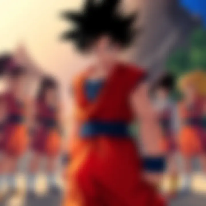 Goku prepares to fight a team of girls Goku stands ready in combat stance, facing six girls who look determined and fierce, with Chi-Chi cheering him on in the background