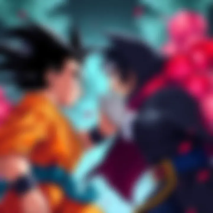 Goku, with spiky hair and orange gi, confronts Itachi, wearing a black cloak and red clouds, in a fierce showdown