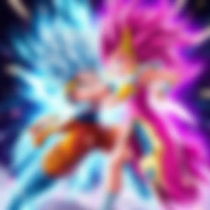 Goku in Super Saiyan Blue Kaio-Ken x20 clashes with Kefla in her Super Saiyan 2 form in a vibrant battle scene