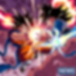 Goku and Moro clash in an intense battle surrounded by energy blasts and dynamic action