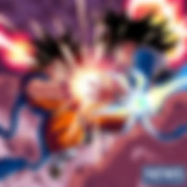 Goku and Moro clash in an intense battle surrounded by energy blasts and dynamic action