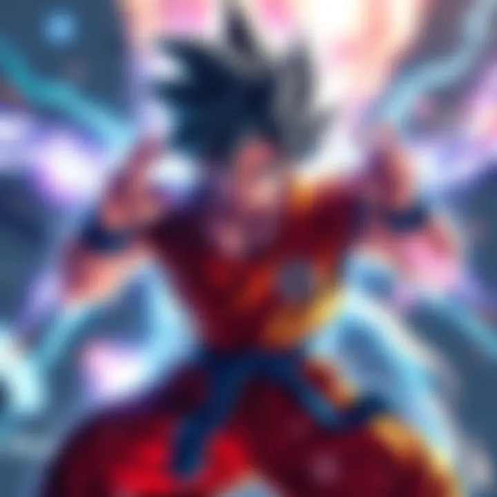 Goku in Ultra Instinct form prepares to battle Moro, showcasing intense energy and determination.