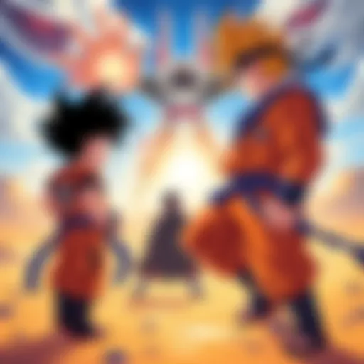 Early kid Goku preparing for a fight against classic Naruto characters, including a giant summon and a desert backdrop